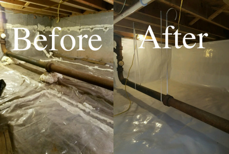 Before and After photo of Crawl Space Waterproofing, Encapsulation and Dehumidification